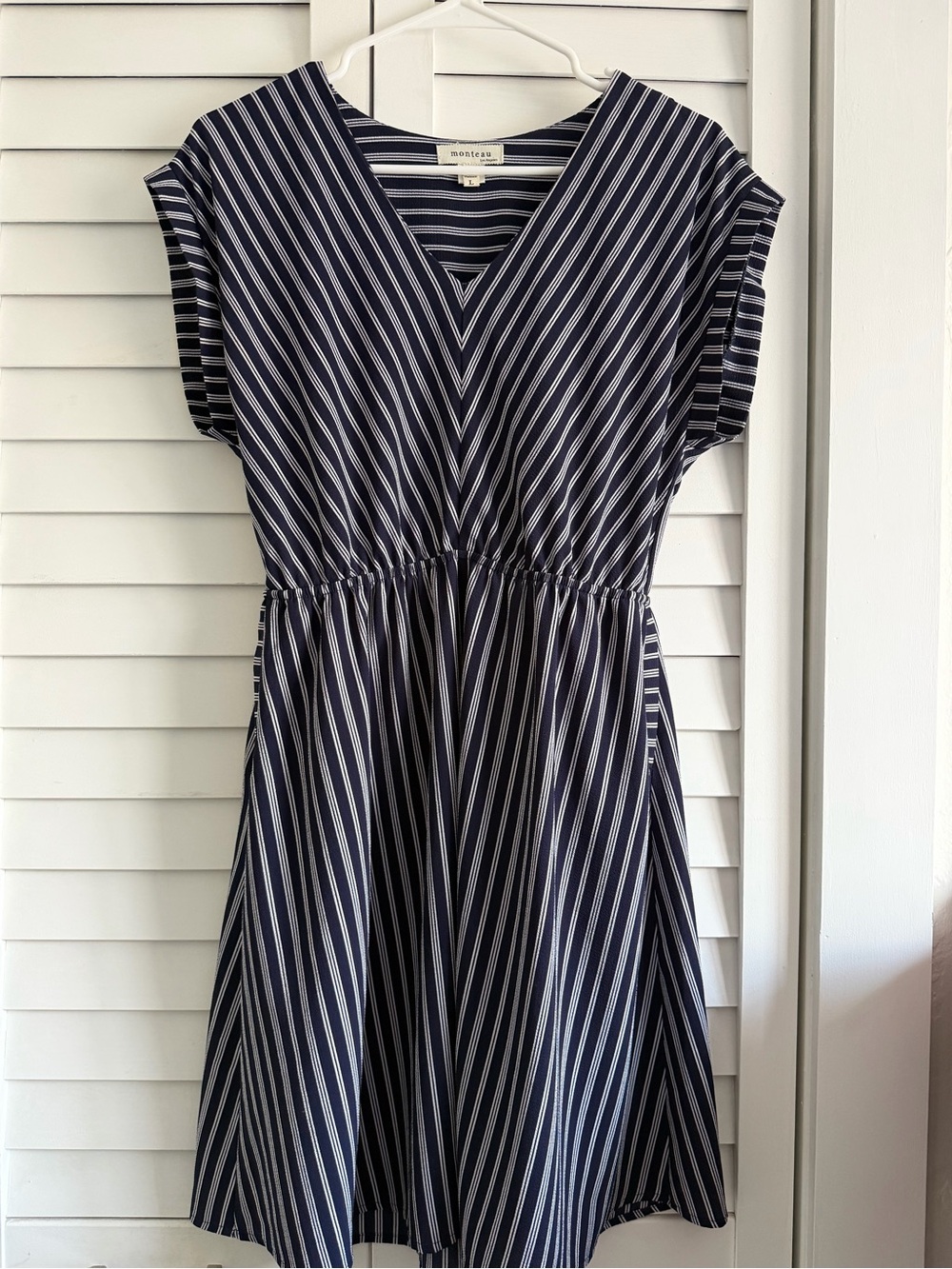 Monteau Navy and White Striped V-Neck Dress